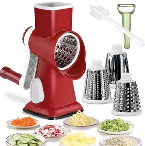 Rotary Cheese Grater Shredder with Handle Handheld Round Mandoline Vegetable Slicer Carrot Shredder Nut Grinder with 3 Replaceable Stainless Steel Drum Blades and Upgrade Strong Suction Kitchen Utensils Lightweight Stylish