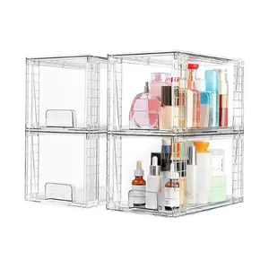 4 Pack Large Stackable Storage Drawers Clear Acrylic Organizer Bins for Bathroom Under Sink Kitchen Cabinets Pantry Makeup Skincare Storage Easy Assembly