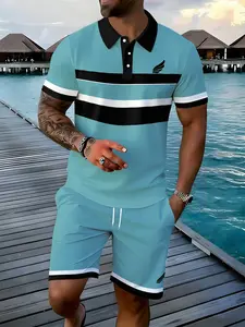 Men's Summer Striped Polo Shirt and Shorts Set, Casual Matching Sets, Casual Sporty Two-Piece, Aesthetic Patchwork Design, Slim-Fitting, Graphic Pattern