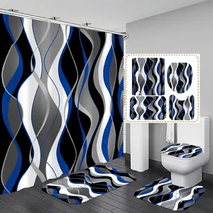 4 Pcs Blue and Black Striped Shower Curtain Set Grey and White Bathroom Sets Modern Home Bathroom Decor with Rugs and Toilet Lid Cover