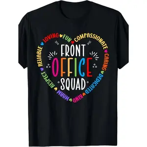 Cute School Secretary Administrative Staff Thanks Front Desk Squad Pattern T-Shirt Fun Office Staff Design with Love and School Icons, Comfortable Casual Short Sleeve Crew Neck T-Shirt for Office Parties, Teachers' Day