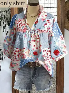 Plus Size Women's Patchwork Print V-Neck Blouse, Bubble Sleeve Loose Fit Top, Casual Summer Dress, Beach Vacation, Date, Womenswear, Shirts, Boho Chic Sleeve