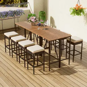 10-Piece Outdoor Patio Dining Table Set Acacia Wood Bar Height Table And Eight Stools With Cushions, Garden PE Rattan Wicker Dining Table, Foldable Tabletop, High-Dining Bistro Set, All-Weather Patio Furniture, Brown