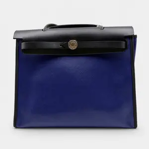 Pre-owned HERMÈS FRANCE Shoulder Bags H2 handbag in blue water resistant canvas and black calfskin H21785