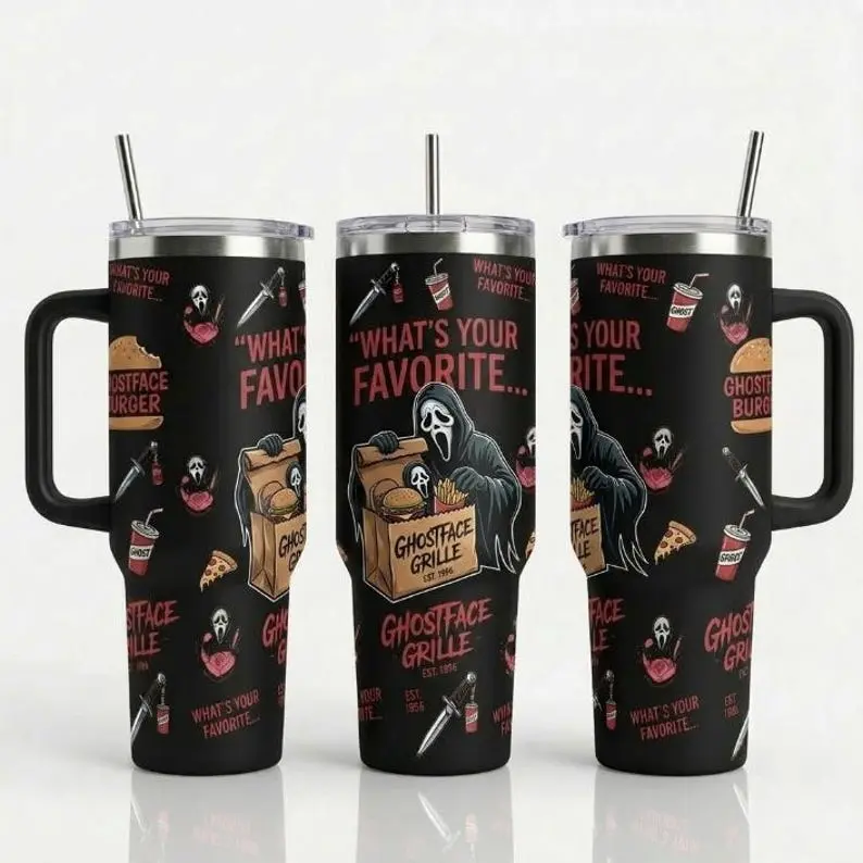 Ghostface #5 Halloween 40oz Premium Stainless Steel Tumbler With Handle , The Scream Inspired Design, Insulated Travel Mug, Halloween Gift for Horror, Halloween Collector Tumbler, Spooky Season Drinkware