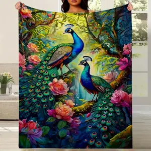 A luxurious digital print flannel blanket with a peacock pattern, suitable for sofas, beds, travel, camping, and offices. Made of warm, comfortable, and soft fabric, machine washable and hand washable, perfect for birthdays or holiday gifts.