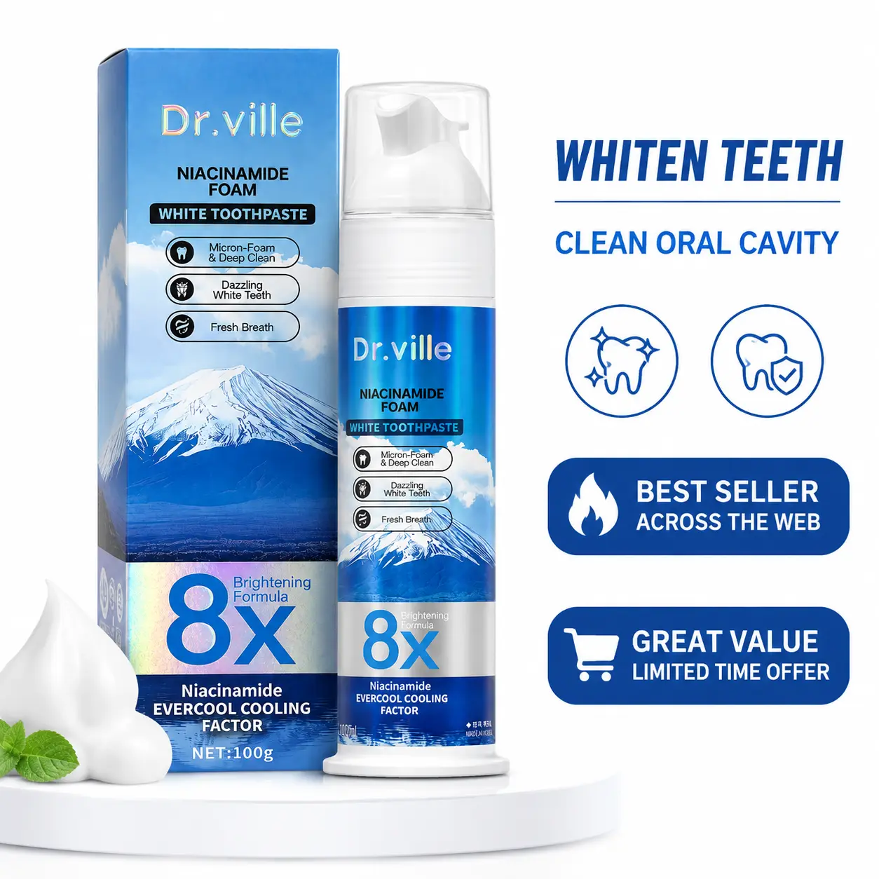 【Professional Grade】Dr.ville 8X Niacinamide Foaming Charcoal Toothpaste - Nicotinamide Formula for Bright Smile, Bad Breath Oral Freshening, Stain Removal, Gentle Daily Care Cleaning, 100ml-C