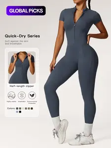 Women's Solid Zipper Mock Neck Sports Jumpsuit, Summer Outfits 2024, Casual Sporty High Waist Quick Drying Jumpsuit for Yoga Gym Workout, Ladies Summer Sportswear, Fitness Activewear, Workout Jumpsuits, Workout Gym Clothing