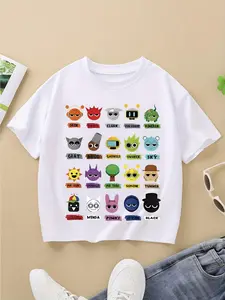 Sprunki Boys' and Girls' Colorful Cartoon T-Shirt - 3D Print Short Sleeve Tee with Playful Graphic Design, Soft Stretchy Cotton Blend, Round Neck Summer Casual Top for Boys & Girls, Hand Wash Only