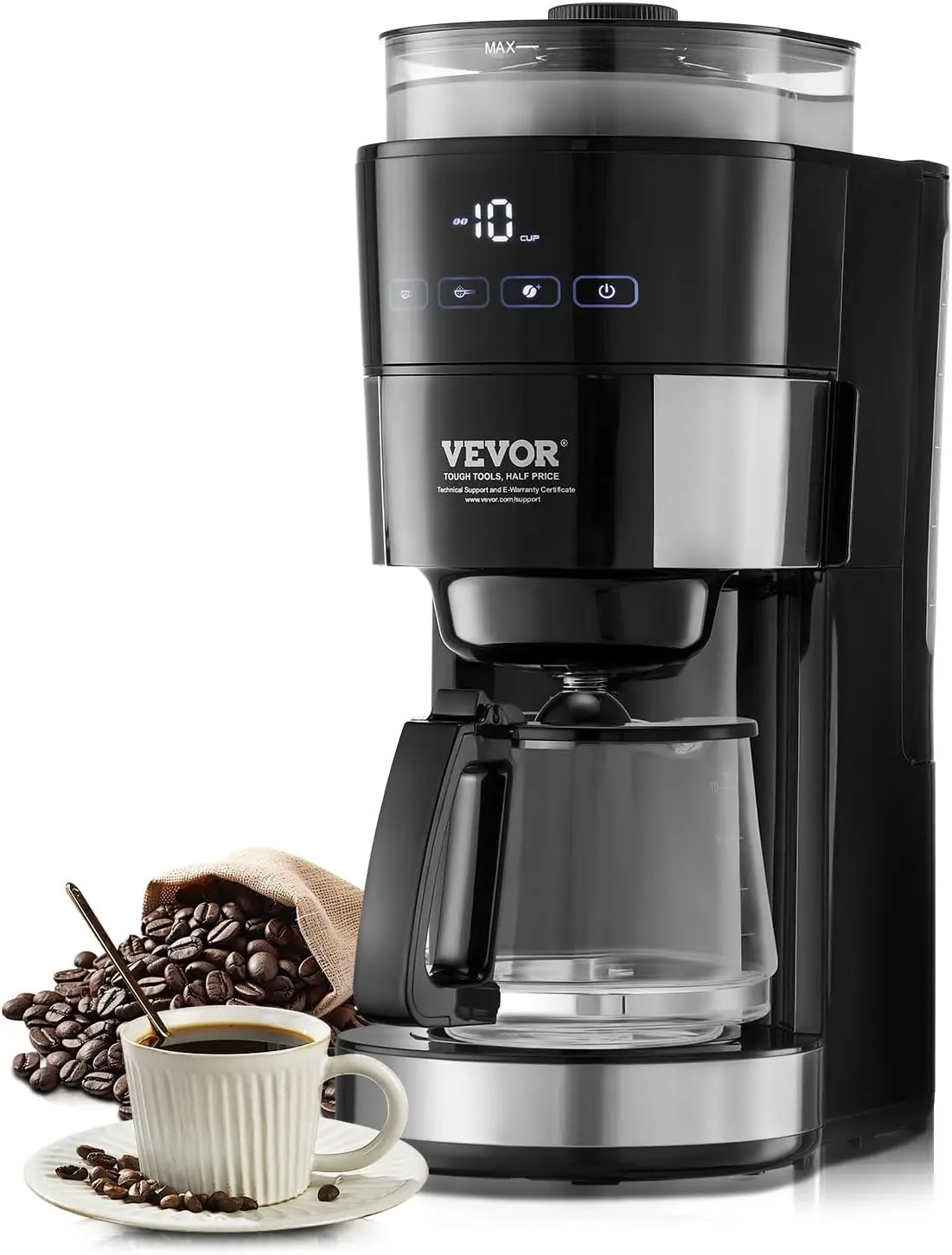 VEVOR Coffee Maker with Grinder, 10 Cup Coffee Machine, Grind and Brew Coffee Maker with 3 Brew Strength Control, Adjustable Grinding Coarseness, for Home Office Restaurant