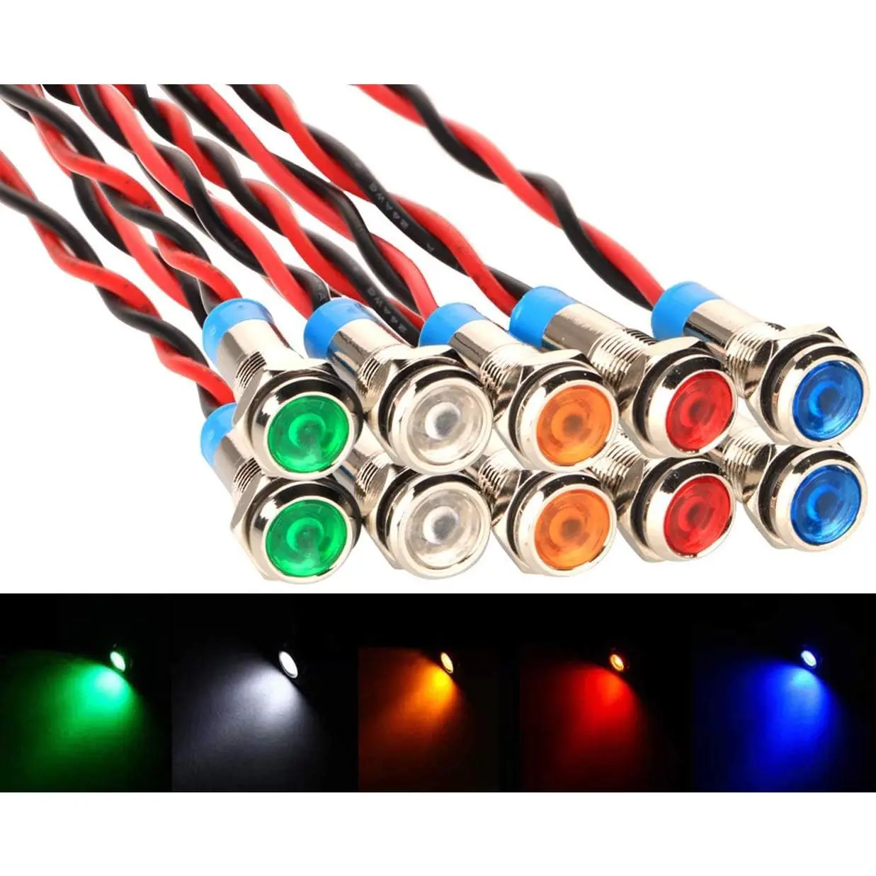 10pcs 6mm 1/4" AC/DC 12-24V LED Metal Indicator Light Waterproof Signal Lamp Pilot Dash Directional Car Truck Boat with Wire