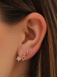 Fashion Zircon Star Ear Cuff Studs, Cold-Preppy Style Geometric Rhinestone Earrings, Casual Alloy Chain Design, All Seasons Wear, Casual Earring Clip