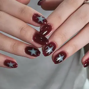 Burgundy Star Press On Nails: Handmade Faux Acrylic Gel Nails, Silver Cross, Star, French Tip | Medium Square For Emo Baddie Vibes