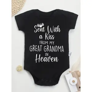 Cute Baby Bodysuit With Sent With A Kiss From My Great Grandma In Heaven Print Soft Versatile Round Neck Button Detail Regular Fit All Seasons Knitted Fabric Onesie