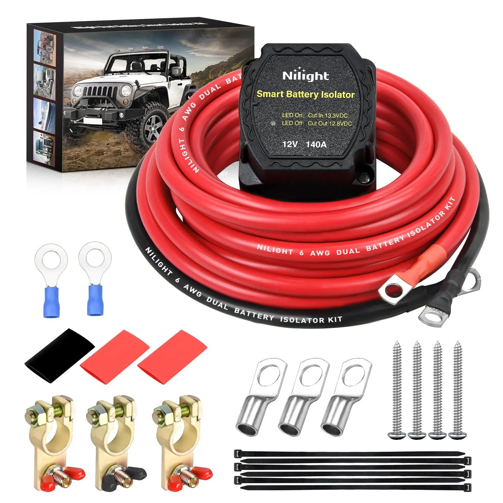 Nilight 12V 140AMP Dual Battery Isolator Kit - High-Quality Automotive Tool, IP66 Waterproof, Includes 6 AWG Power Cables, Copper Lugs, Terminal Voltage Sensitive Relay, Smart VSR, Automatic Charger Disconnect for Truck, Caravans, Camping