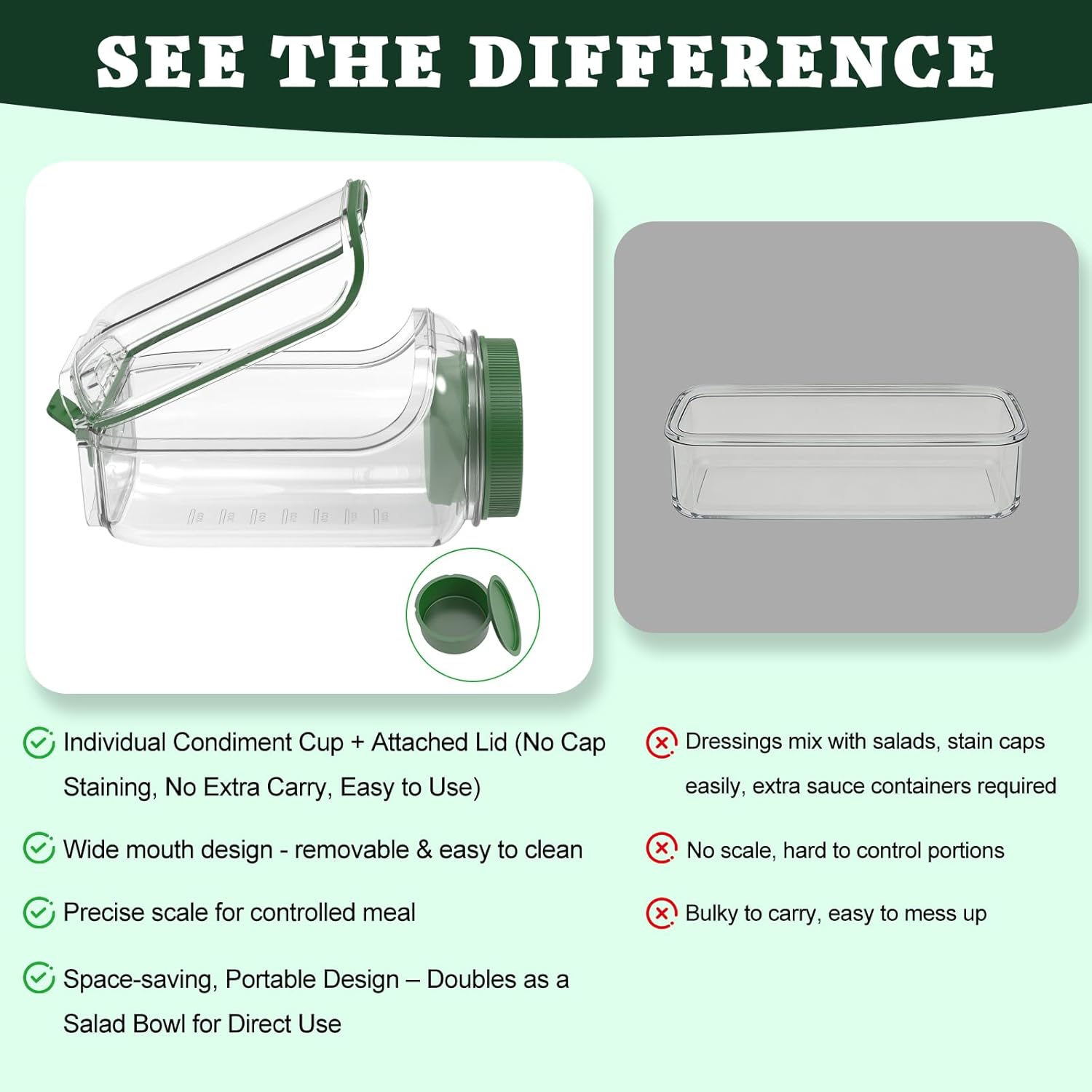 Oillase 1-Pack Side-Opening Salad Jar Utensil Set - Anti-Leak Portable Kitchen Plastic Preserving Container with Divider Sauce Cups & Lids, Dual-Use Design Doubles as Bowl for Office, Travel, Utensils, Salad Jars