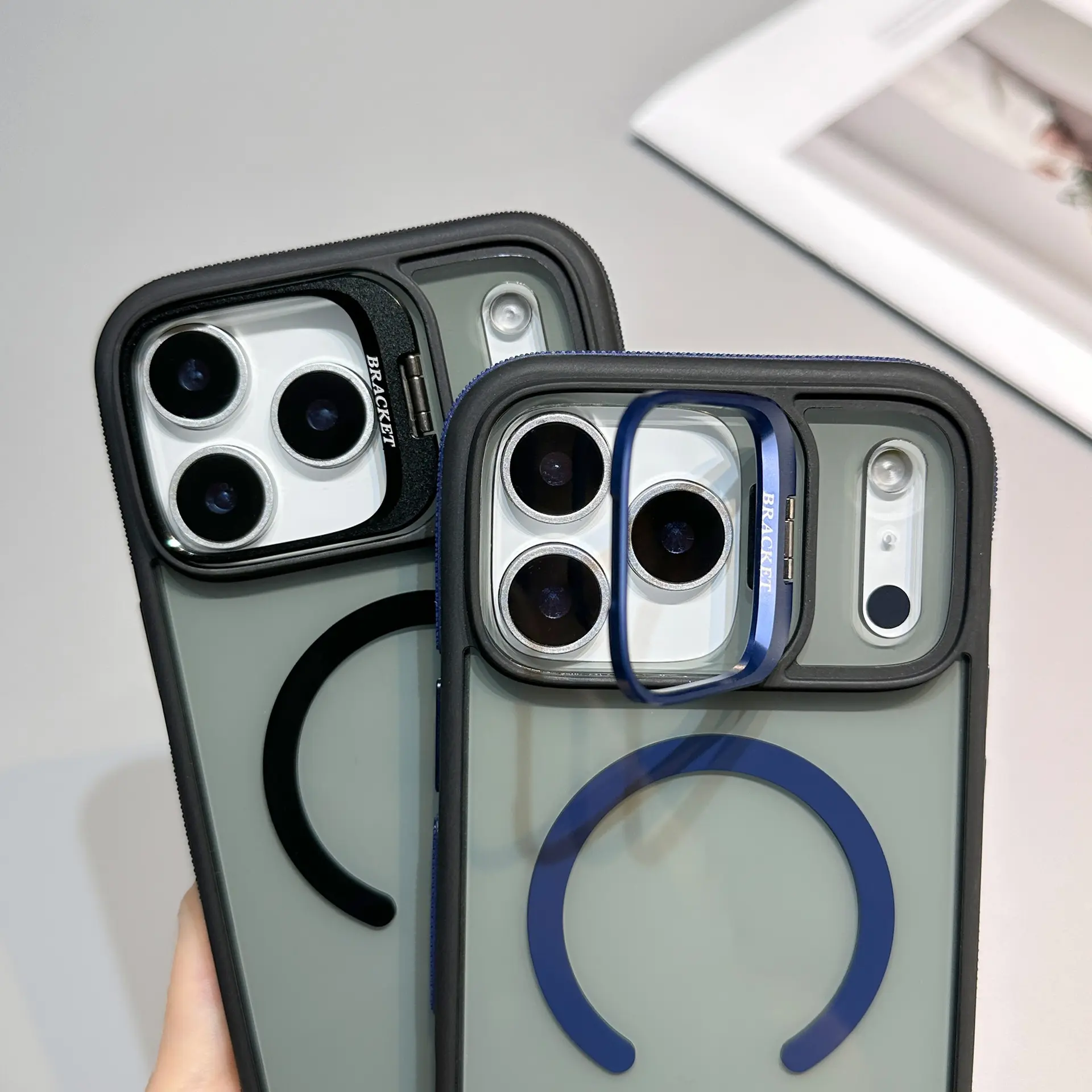 Transparent PC & TPU Case for iPhone, Anti-Slip Side Grips, Built-in Camera Ring Stand with Raised Lens Frame Protection (Does Not Include Separate Lens Film) Protective Wireless