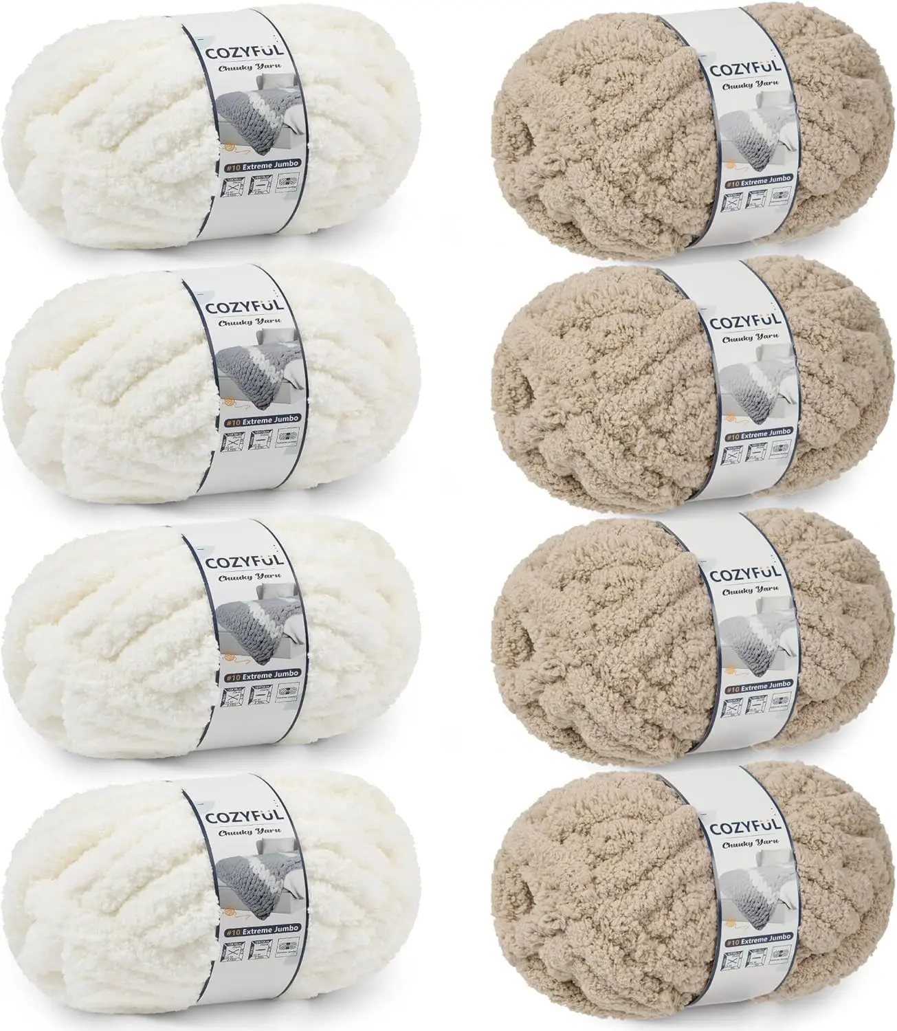 Cozyful Chunky Yarn for Hand Knitting - #10 Chunky Chenille Yarn, Jumbo Big Thick Chunky Yarns for Crocheting, Super Bulky Chunky Knit Blanket Yarns, 8 Skein (22yd, 8oz/Skein), Cream & Khaki