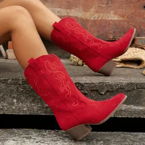 Fashionable Women's Embroidered Western Cowboy Boot-Comfortable Slip-on Mid Heel Pointed TPR Sole