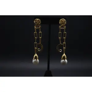 Celestial Charm Gold-Toned Dangle Earrings with Pearls