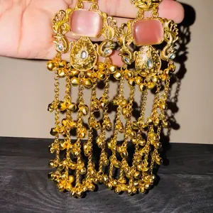 Elegant Gold Tone Chandelier Earrings with Pink Quartz Stones and Delicate Beads for Women's Fashion