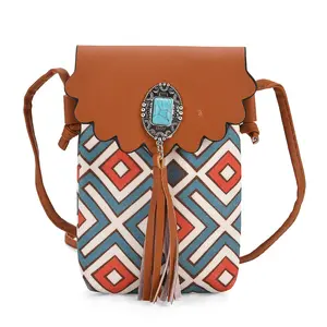 Brown Faux Leather Rhombus Pattern Tassel Crossbody Bag with Shoulder Strap