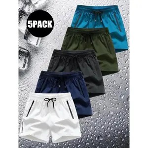5 Pack Men's Casual Sports Shorts - Wrinkle-Resistant Polyester Blend Fabric, Loose Fit with Drawstring Waistband, Solid Color, Suitable for the Gym, Outdoor Activities, and Everyday Wear, Simple Design, Smooth Texture Halloween Gifts
