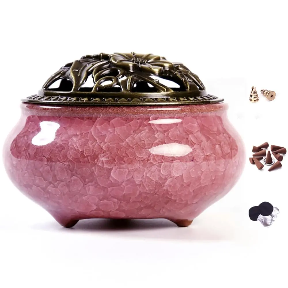 Ceramic Incense Burner with Incense Stick Holder + Insulation use for Stick or Coil Incense, Sage Cones and Frankincense Gift Scented