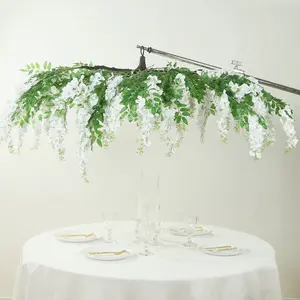 White Artificial Silk Wisteria Vine Round Hanging Canopy, Draping Garland Flower Chandelier With Interchangeable Branches 55"