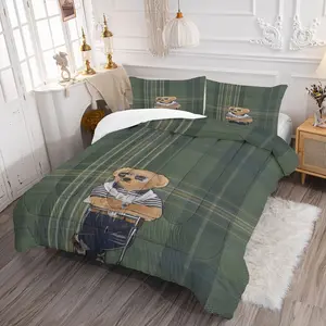 Preppy Green Plaid Teddy Bear Comforter Set (2/3-Piece, 1 Comforter + 1-2 Pillowcases), Classic Prep Style, Perfect for Bedroom & Dorm Decor