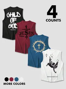 Men's Christian Faith Graphic Round Neck Tank Top, 4-Pack Regular Fit Casual Sleeveless Crew Neck Vest for Summer Daily & Outdoor Wear