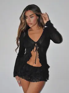 Sheer Tie Front Cardigan Top & Multi-Layered Lace Trim High Waist Shorts Set