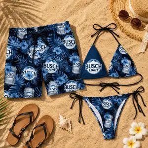 Busch Tropical Forest Swimwear Set, String Bikini and Matching Beach Shorts for Couples, Hawaiian Summer Beachwear All Sizes