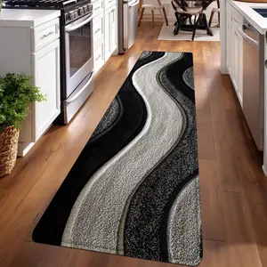 1PC， Black White Gray Wave Texture Patterned strip rugs, home décor, bathroom mats, entryway mats, bathroom non-slip mats, indoor entrance rugs, bedroom bedside mats, kitchen mats, hallway rugs, flannel sponge rugs, hallway runner rugs
