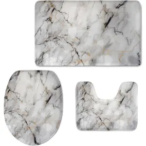 Grey White Marble 3 Piece Bathroom Rug Set Includes Bath Rug, Contour Mat and Toilet Lid Cover, Machine Washable, Super Soft Microfiber & Non Slip Bath Rugs with Rubber Backing