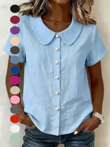 2026 Summer Women's Solid Color Short Sleeve Casual Loose Cotton Linen Peter Pan Collar Shirt, European and American Style, Cross-Border Independent Store