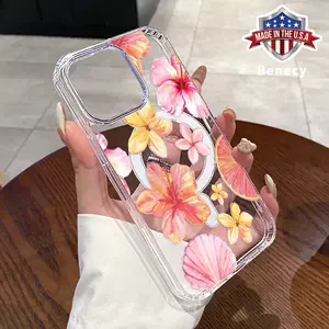 Magnetic Soft Case for iPhone 15 16 14 Pro Max 13 12 11 XR XS Plus E Floral Shell Symphony Pattern Anti-Yellowing Shockproof ultra-thin Silicone Crystal Transparent Acrylic Large Hole Cover Supports Wireless Charging