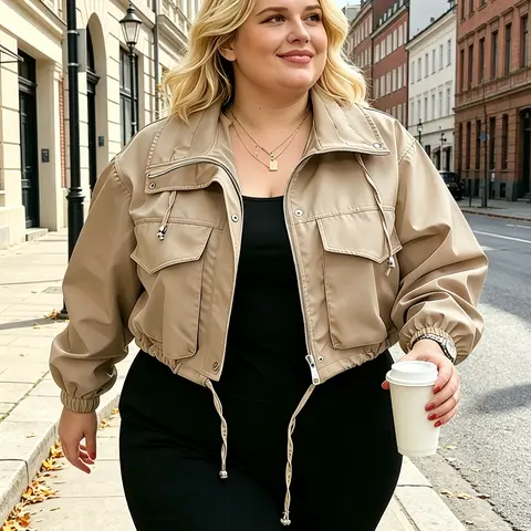 Aswulk Plus Size Womens Cropped Bomber Jacket 2026 Trendy Zip Up Lightweight Utility Collar and Hem Drawstring Coat With Pockets