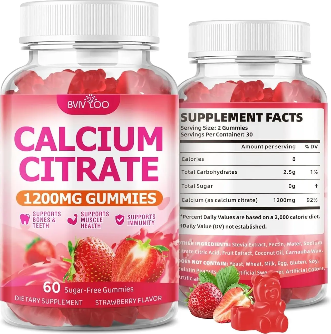 High Absorption Calcium Citrate Gummies 1200mg - Bone & Teeth Support for Adults & Kids, Vegan Sugar-Free Gummies, Strawberry Flavor, 60 Count
