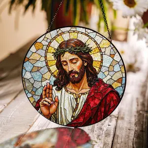 Jesus Sacred Heart Stained Glass Window Hanging, Christian Suncatcher with Chain, Spiritual Faith Home Decor