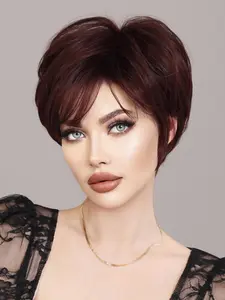 8 Inch Short Pixie Cut Wigs for Women, Gorgeous Fluffy Wigs with Bangs, Synthetic Full Machine Wigs for Party, Daily Use, Colored Glueless Bob Wig