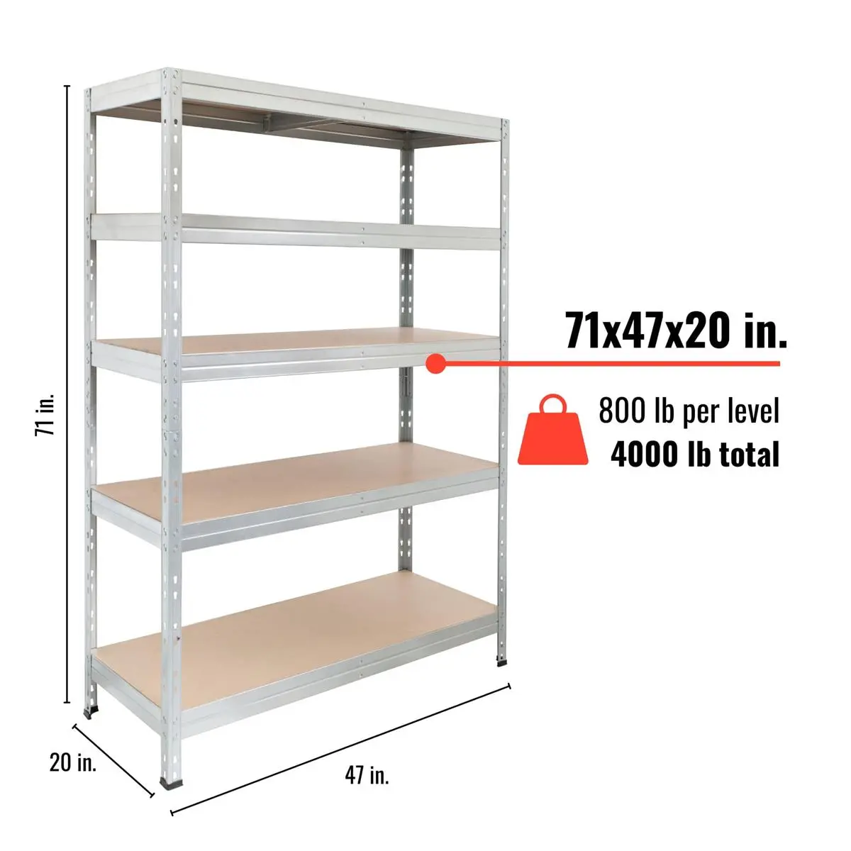 212 MAIN Galvanized Boltless AR Shelving Organizer Storage Rack - 5-Tier Freestanding Durable Unit, 47.2x20x71 in, 800lb Capacity, Adjustable for Garage Storage