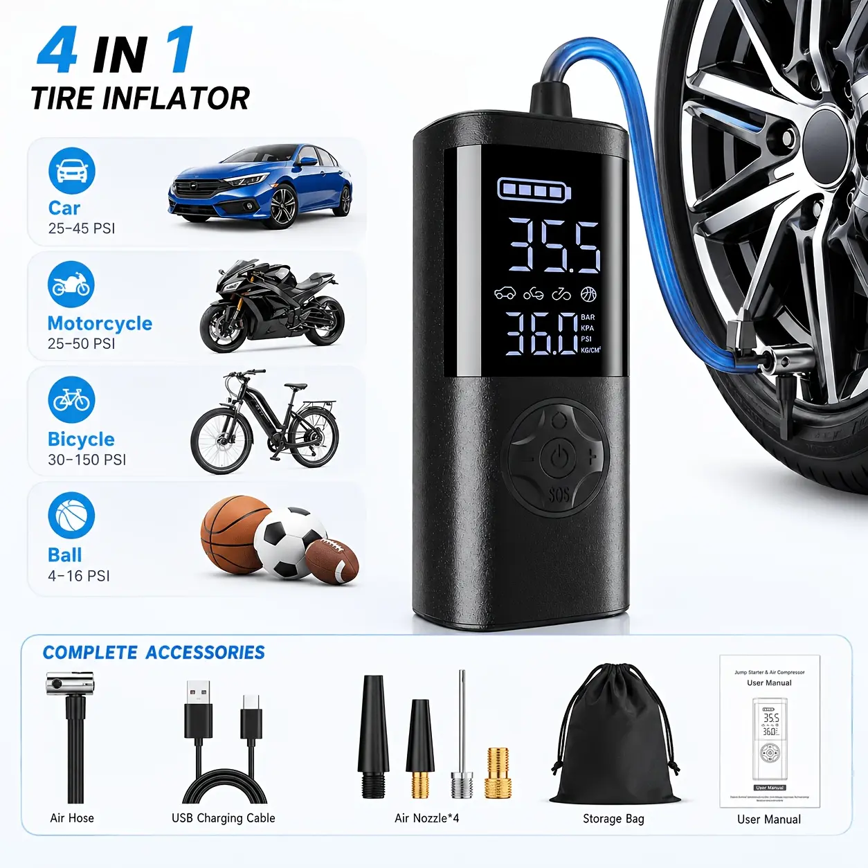 Portable Tire Inflator, Fast Inflation Air Compressor, with Digital Pressure Gauge, USB Charging, with Flashlight, Suitable for Cars, Motorcycles, Electric Bicycles, And Bicycles, Car Tire Pump