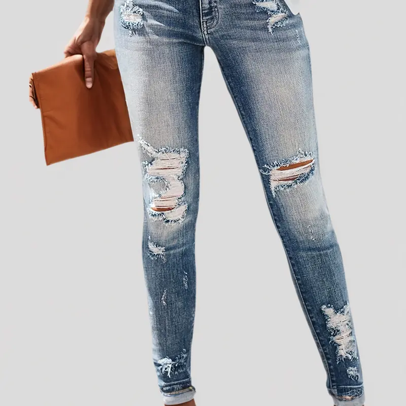 Women's High-Waist Slim Solid Cotton-Blend Ripped Denim Bottoms - High-Stretch Above-Ankle Skinny Jeans with Zipper, Button Accents, All-Season Comfortable Streetwear Casual Outfits