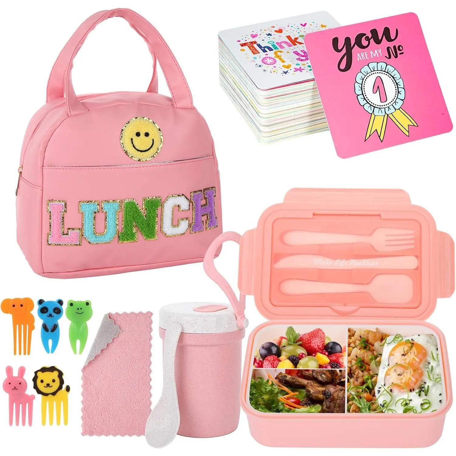 77 count Preppy Bento Box Lunch Box Kit Large Pink Insulated Lunch Bag 3 Layer Stackable Leakproof Lunch Box Containers with Cup,Lunch Bag,Spoon,Fork,60 Pieces Lunch Box Notes for Girl(Pink)