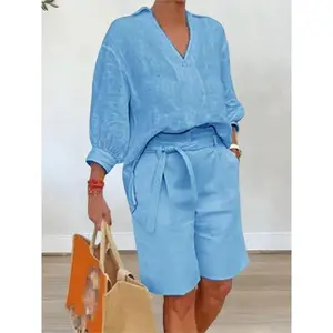 Women's 2-Piece Elegant Cotton-Linen Outfits, Half-Sleeve V-Neck Loose Shirt with Pocket Belt Shorts, Women's Clothes for Summer, Two Piece Set Women