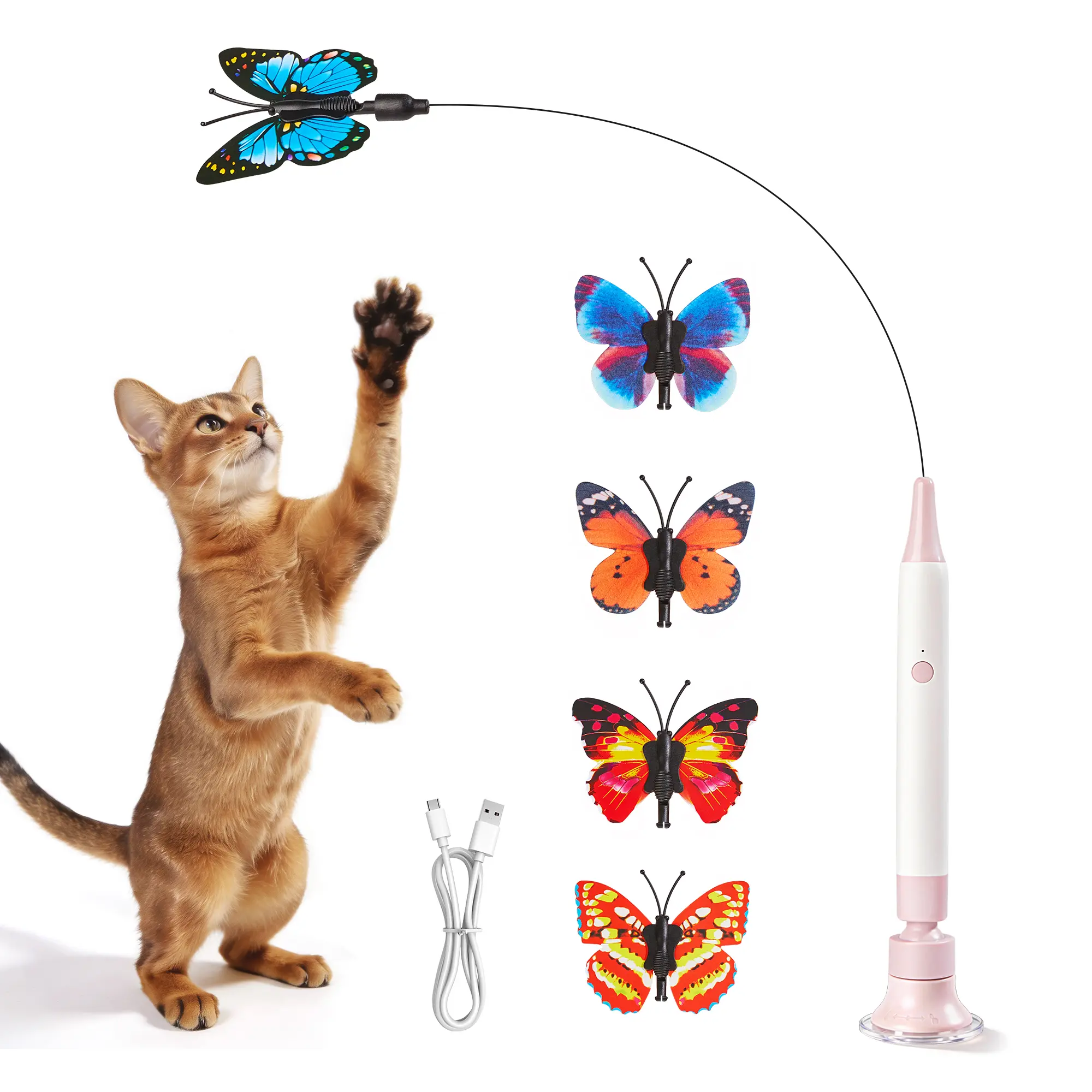 Potaroma Interactive Cat Toy - Rechargeable Touch-Activated Detachable Wand, Steady Suction Cup Base, Flexible Wire Rod, Fluttering Spin Butterfly, Shaking Modes, Engages Kittens, Stimulates Mental & Physical Challenges