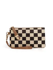 Women's Checkered Zip Around Wristlet Keychain Wallet, Detachable Wrist Strap Design, Perfect Travel Accessory & Gift for Her
