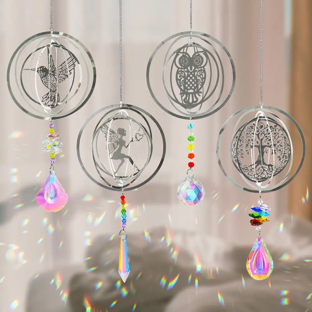 4-piece Crystal Light Compensator Suncather Owl Hummingbird Tree of Life Fairy 3D Rotating Sun Catcher
