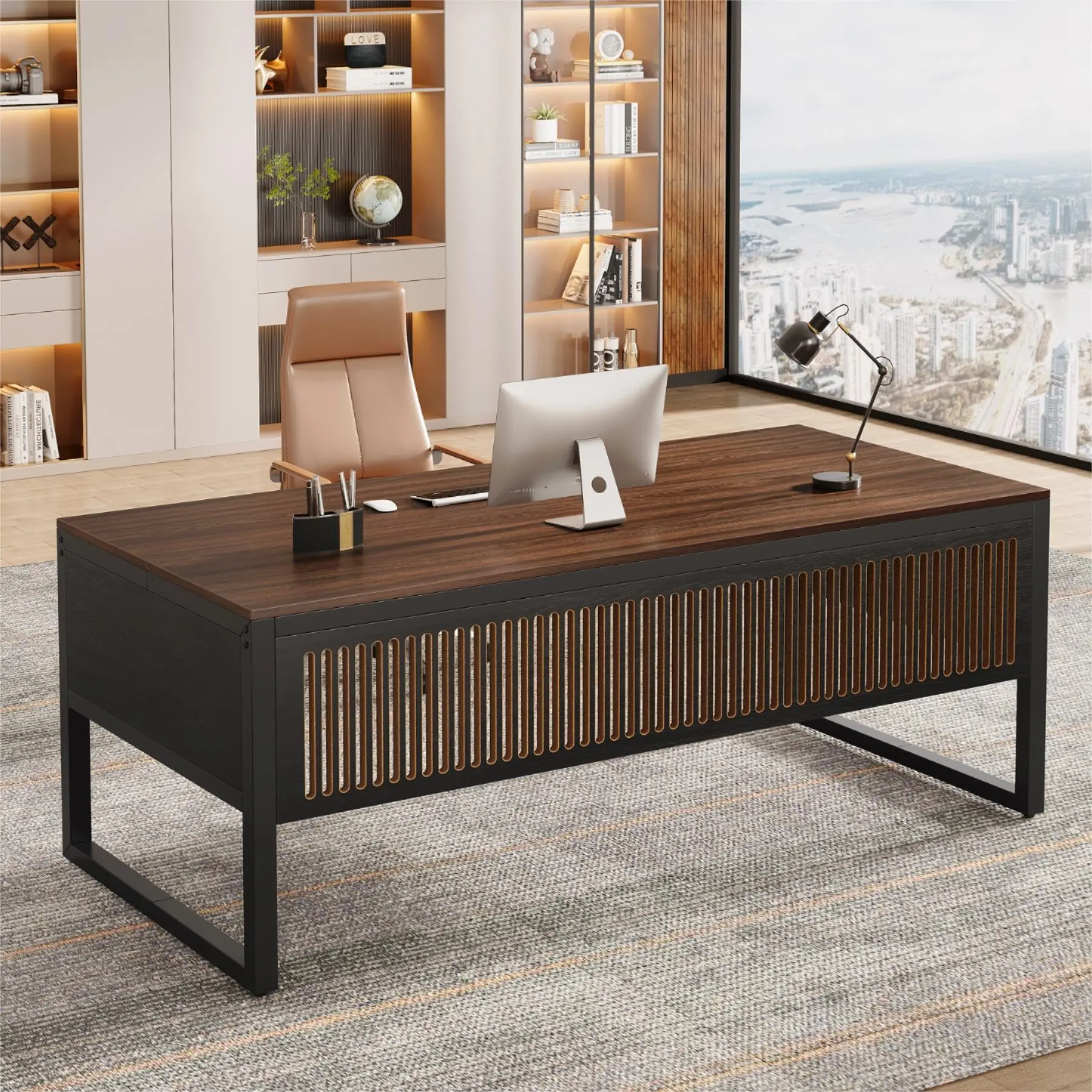 Tribesigns Modern Executive Desk, 63-Inch, For Home Office, Sturdy Computer Desk, Dark Walnut & Black